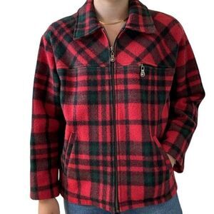 Vintage Stephanie Mathews Womens Red Green Plaid Wool Checkered Fall Jacket